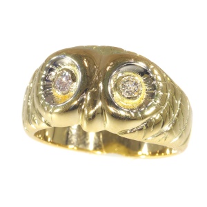 Vintage Interbellum 18K gold ring owl with diamond eyes